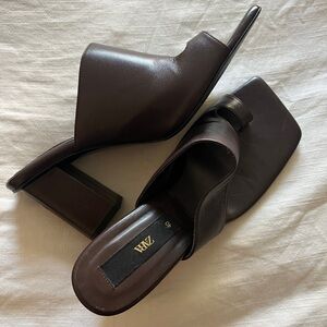 Zara brown leather flip flop style block heels